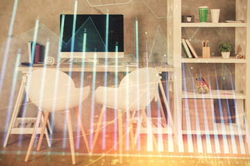 Multi exposure of stock market chart drawing and office interior background. Concept of financial...