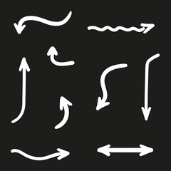 White infographic elements on isolated black background. Hand drawn wavy arrows. Black and white illustration