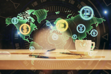 Multi exposure of forex graph drawing and desktop with coffee and items on table background. Concept of financial market trading