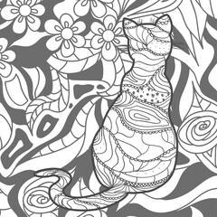 Cat on abstract square shape. Hand drawn abstract pattern. Black and white illustration for colouring