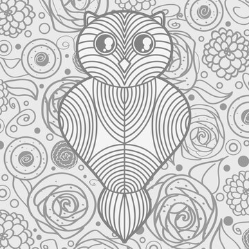 Square drawing with owl. Hand drawn bird on abstract floral background. Design for spiritual relaxation for adults