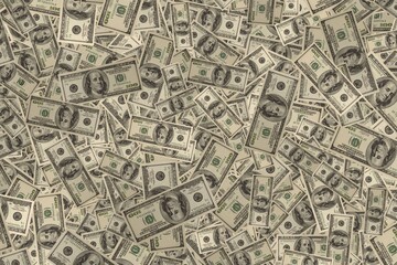 Close up view of heap one hundred dollar bills lying on  surface. Banknote. Money concept...