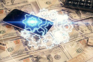 Multi exposure of business theme drawing over us dollars bill background. Concept of financial success.