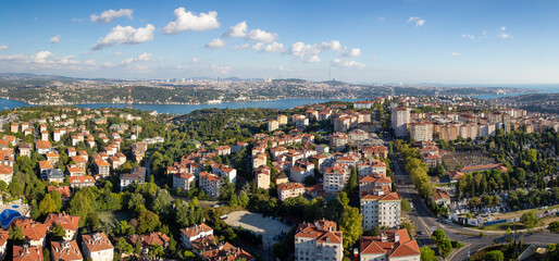 High angle aerial panoramic view of houses in Etiler region of Besiktas district and Bosphorus on the background, Istanbul, Turkey on September 5, 2020.