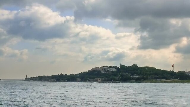 The view of the Ottoman period topkapi palace from the sea. istanbul panorama and turkey bosphorus blue travel tourism landmark