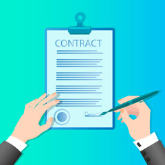 A businessman signs a contract.Businessman's hands a fountain pen and a document.Business activity concept of successful negotiations and agreements.Flat vector illustration.