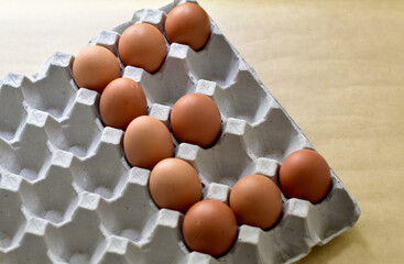 Close up Raw Brown Chicken Eggs, Easter eggs In Paper Container, selective focus points.