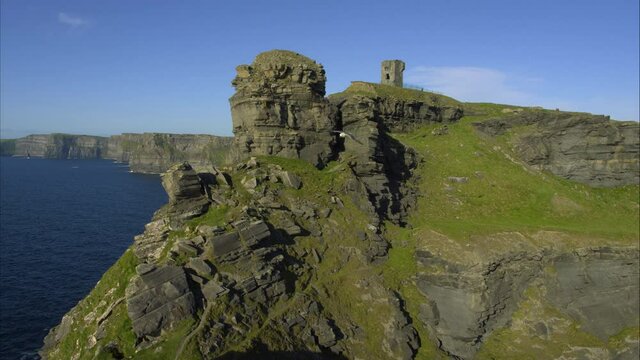 Wide aerial, rocky cliffs in Ireland