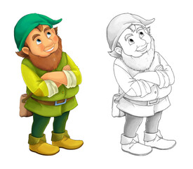 Cartoon dwarf with sketch on white background illustration
