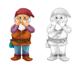 Cartoon dwarf with sketch on white background illustration