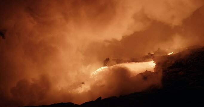 Steam rising from lava at night, wide