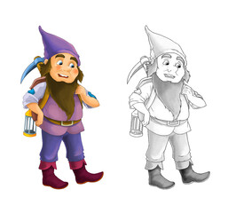 Cartoon dwarf with sketch on white background illustration