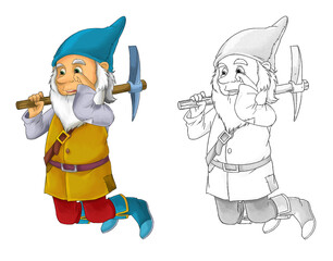 Cartoon dwarf with sketch on white background illustration