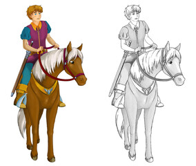 cartoon sketch scene with prince riding on horse illustration