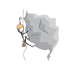 Climbing mountain extreme sport. Vector simple rocks climber. Stickman no face clipart cartoon. Hand drawn. Doodle sketch, graphic illustration