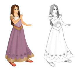 cartoon sketch scene with beautiful princess on white background illustration