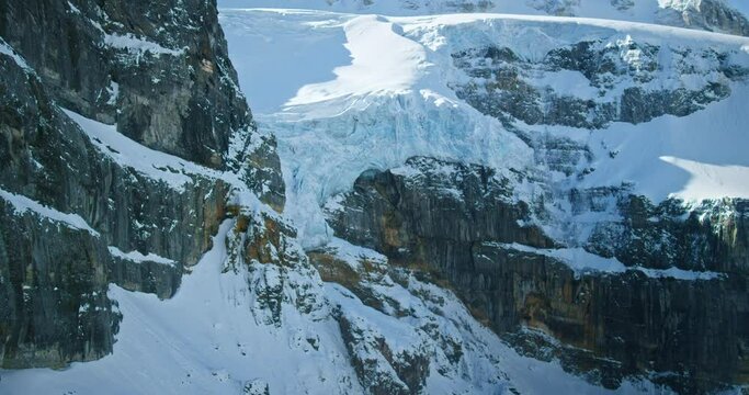 Aerial, mountain glacier in Banff National Park