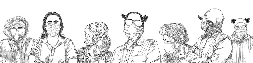 Composition of people in protective and medical face masks. Prevention and quarantine from infections, flu contaminated air pollution. COVID-19 new normal social concept. Hand drawn Vector.