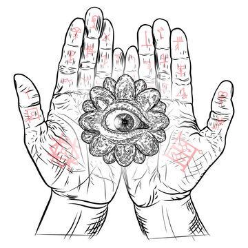 recommend clip art: Fortune Teller hands or witch hands with all seeing eye. Mystic and occult symbols. Palmistry concept of spirituality, astrology and esoteric concept. Magic black ink tattoo flash idea. Vector
