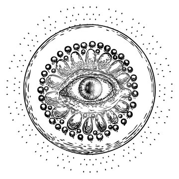 Mystic or all seeing eye drawing ink hand style. Conspiracy Illuminati theory.  Eye of Providence on the decorative background. Alchemy, religion, spirituality and occultism tattoo ink art. Vector.