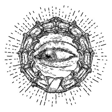Mystic or all seeing eye drawing ink hand style. Conspiracy Illuminati theory.  Eye of Providence on the decorative background. Alchemy, religion, spirituality and occultism tattoo ink art. Vector.
