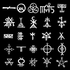 Wiccan symbols imaginary cross symbols, inspired by antichrist pentagram and witchcraft. Vector.