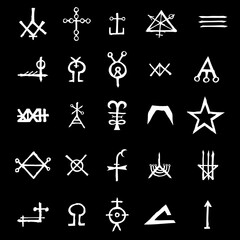 Set with mystic and occult symbols. Hand drawn and written alphabet signs. Spiritual masonic tattoo ideas. Vector.