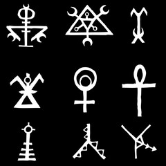 Set with mystic and occult symbols. Hand drawn and written alphabet signs. Spiritual masonic tattoo ideas. Vector.