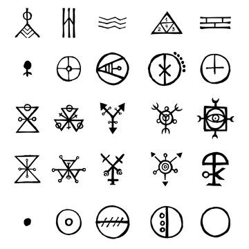 Set of alchemical symbols isolated on white background. Hand drawn and written elements for signs design. Inspiration by mystical, esoteric, occult theme. Vector.