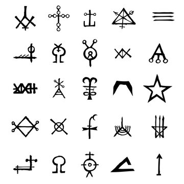 Set of alchemical symbols isolated on white background. Hand drawn and written elements for signs design. Inspiration by mystical, esoteric, occult theme. Vector.
