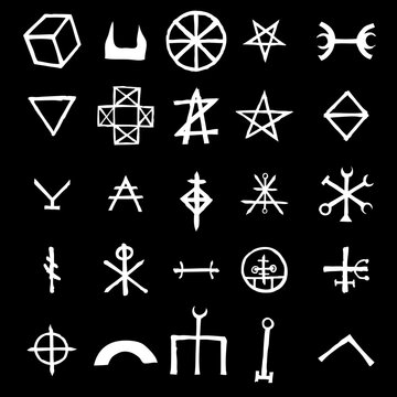 Wiccan symbols imaginary cross symbols, inspired by antichrist pentagram and witchcraft. Vector.