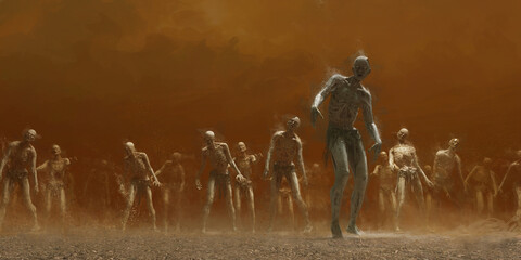 A horde of zombies crosses the desert wasteland.