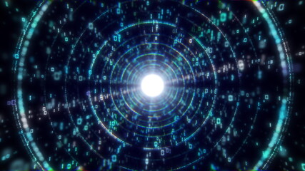 Abstract tunnel. Digital background, 3D rendering. Binary code particle network. Motion and communication technology background. Seamless loop animation.