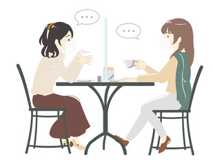 カフェでソーシャルディスタンス　シールドで話しにくい(線無し)