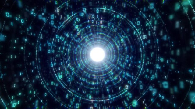Abstract tunnel. Digital background, 3D rendering. Binary code particle network. Motion and communication technology background. Seamless loop animation.