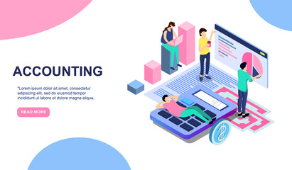 Tax payment time, financial annual accounting business concept . Vector 3d isometric illustration for web landing page, banner or poster design. Man calculates taxes rate. EPS