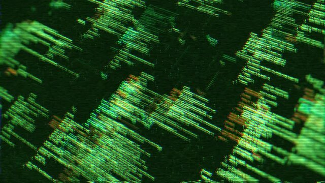 Old abstract vhs monitor or hacker display with blurred effect. Animation. Running green colored lines being programmed by artificial intelligence, seamless loop.