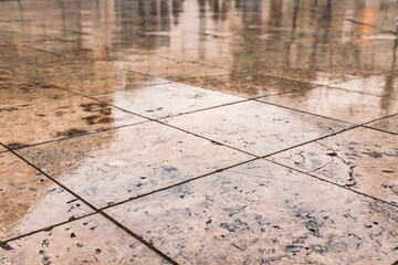 rainy autumn brown street tile outdoor floor wet surface abstract people silhouette reflection
