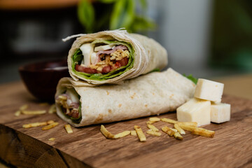 Vegetable and meat wrap. Mexican food.