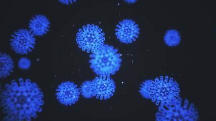 COVID19 coronavirus infection visualization. Patoghen cells are inside infected human shown as neon blue spherical microorganisms on a black background. Abstract concept 3d rendering closeup 4K video.