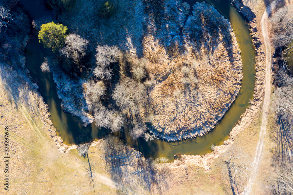 Canvas Prints Drone shot flying on spring river in forest