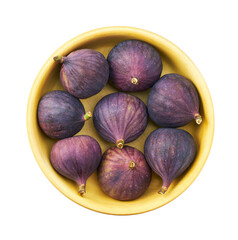Fresh ripe figs in a wooden bowl isolated on a white background, top view.
