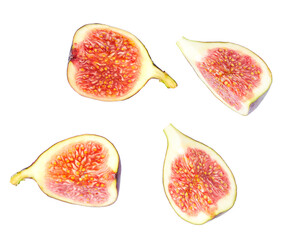 ripe figs cut piece collection isolated on white background, top view.