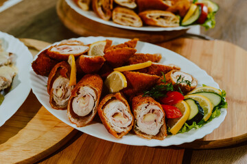 Served meat on the table for guests at the party. Delicious food for a special event
