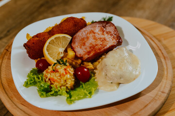Served meat on the table for guests at the party. Delicious food for a special event
