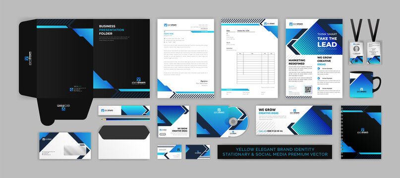 BRAND identity stationary & SOCIAL MEDIA modern Premium Vector design template set for corporate, office, finance and food industry with elegant blue color easy to edit