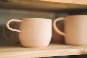 Handmade clay pottery on the display