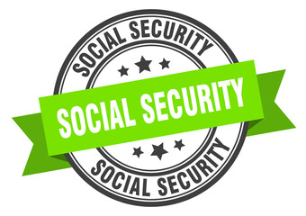 social security label sign. round stamp. band. ribbon