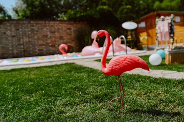 Beautifully decorated yard with pool balloons and pink flamingos. Garden decoration for a summer...