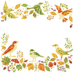 秋の紅葉　落ち葉、木の実、小鳥フレーム